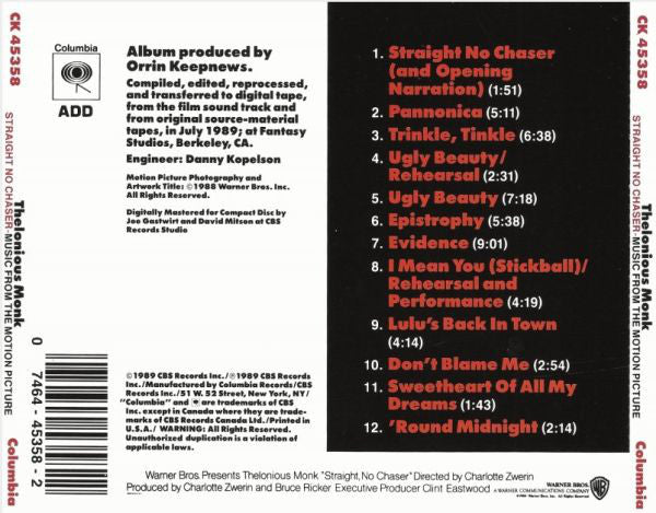 Thelonious Monk ‎– Straight No Chaser (Music From The Motion Picture) -USED CD